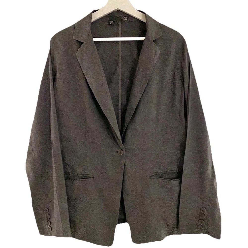 EILEEN FISHER Linen Blend Lightweight Gray Blazer Professional Quiet Luxury 14